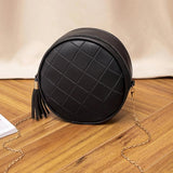 Women Leather Round Shoulder Bag Tassel Circular Plaid Purse Crossbody Messenger