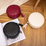 Women Leather Round Shoulder Bag Tassel Circular Plaid Purse Crossbody Messenger