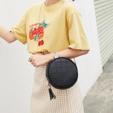 Women Leather Round Shoulder Bag Tassel Circular Plaid Purse Crossbody Messenger