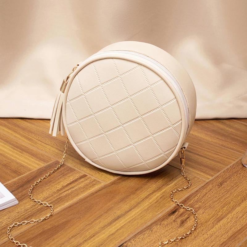 Women Leather Round Shoulder Bag Tassel Circular Plaid Purse Crossbody Messenger