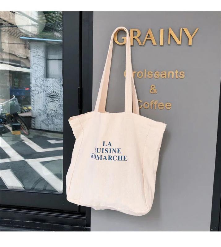 Letters Printing Canvas Shoulder Bag Eco Reusable Cotton Tote Handbag