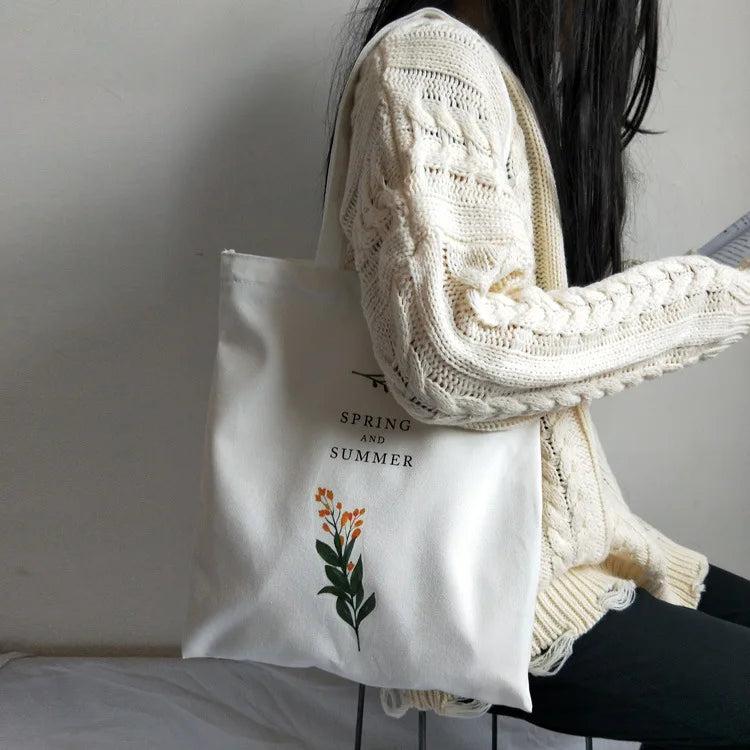Qiaoduo Women's Canvas Shoulder Bag Flowers Printing Shopping Bag Lady Handbag