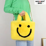 Plush Smiley Face Women Shoulder Bag Soft Faux Fur Chain Messenger Purse