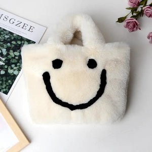 Plush Smiley Face Women Shoulder Bag Soft Faux Fur Chain Messenger Purse