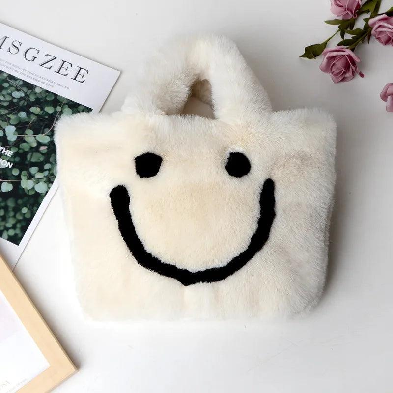 Plush Smiley Face Women Shoulder Bag Soft Faux Fur Chain Messenger Purse