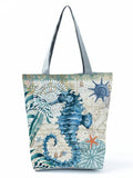 Marine Life Print Tote Bag Seahorse Turtle Octopus Shoulder Bags