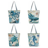 Marine Life Print Tote Bag Seahorse Turtle Octopus Shoulder Bags