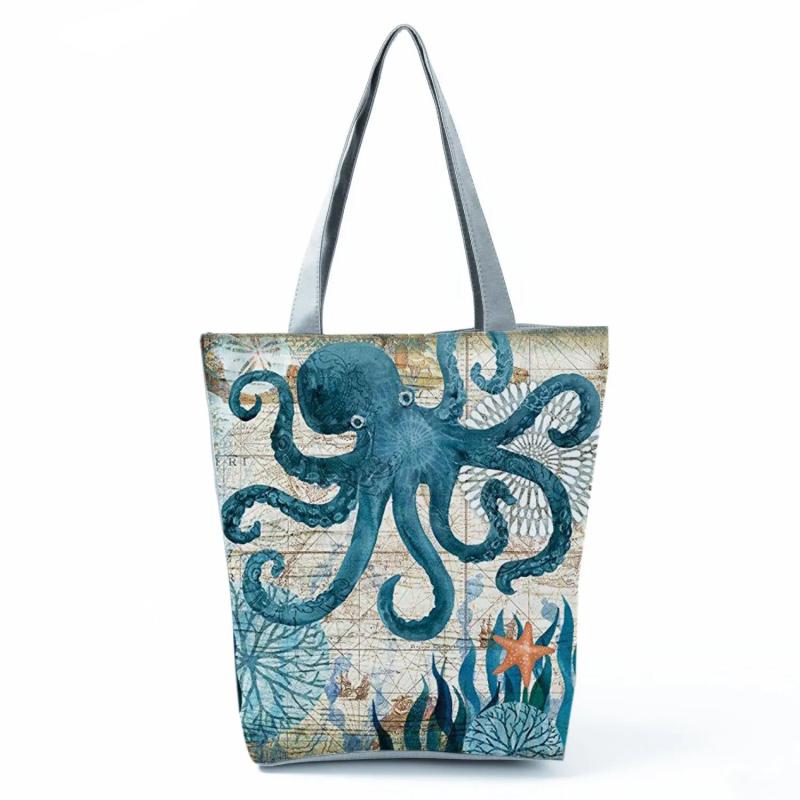 Marine Life Print Tote Bag Seahorse Turtle Octopus Shoulder Bags