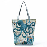 Marine Life Print Tote Bag Seahorse Turtle Octopus Shoulder Bags