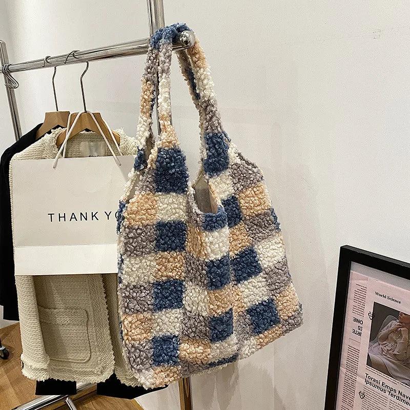 Plaid Pendant Shoulder Tote Bag for Women