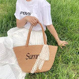 Women Letter Woven Bag Shopper Bag Lace Bowknot Decor Beach Handbags