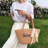 Women Letter Woven Bag Shopper Bag Lace Bowknot Decor Beach Handbags