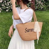 Women Letter Woven Bag Shopper Bag Lace Bowknot Decor Beach Handbags