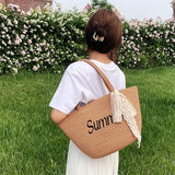 Women Letter Woven Bag Shopper Bag Lace Bowknot Decor Beach Handbags