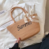 Women Letter Woven Bag Shopper Bag Lace Bowknot Decor Beach Handbags