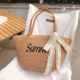 Women Letter Woven Bag Shopper Bag Lace Bowknot Decor Beach Handbags