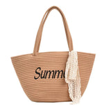 Women Letter Woven Bag Shopper Bag Lace Bowknot Decor Beach Handbags