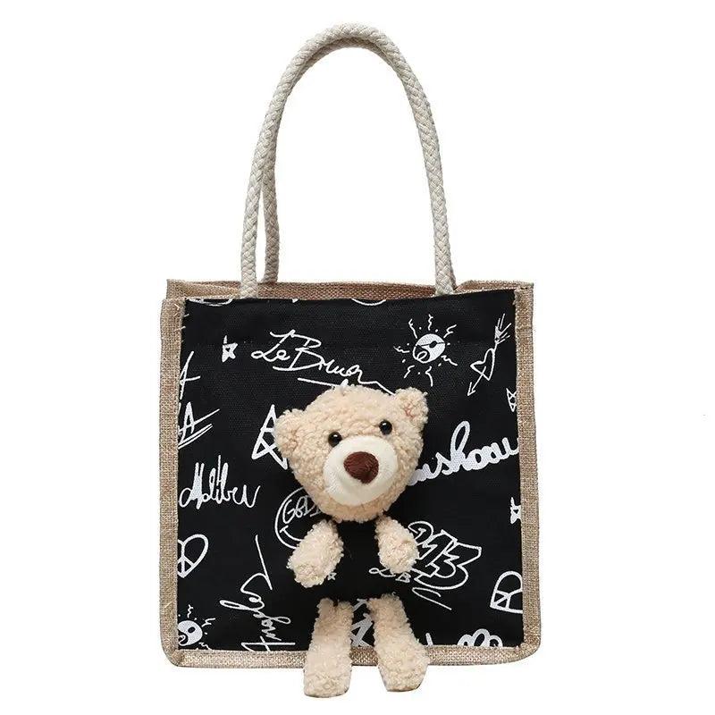 Bear Decoration Cartoon Women Handbags Student Shoulder Bag Canvas Bag