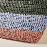 Straw Woven Bag Ladies Tote Large Casual Striped Contrast for Seaside Holiday