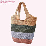 Straw Woven Bag Ladies Tote Large Casual Striped Contrast for Seaside Holiday