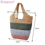 Straw Woven Bag Ladies Tote Large Casual Striped Contrast for Seaside Holiday