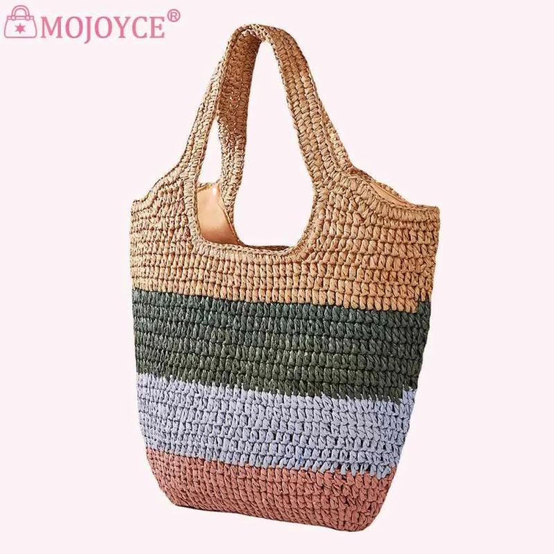 Straw Woven Bag Ladies Tote Large Casual Striped Contrast for Seaside Holiday
