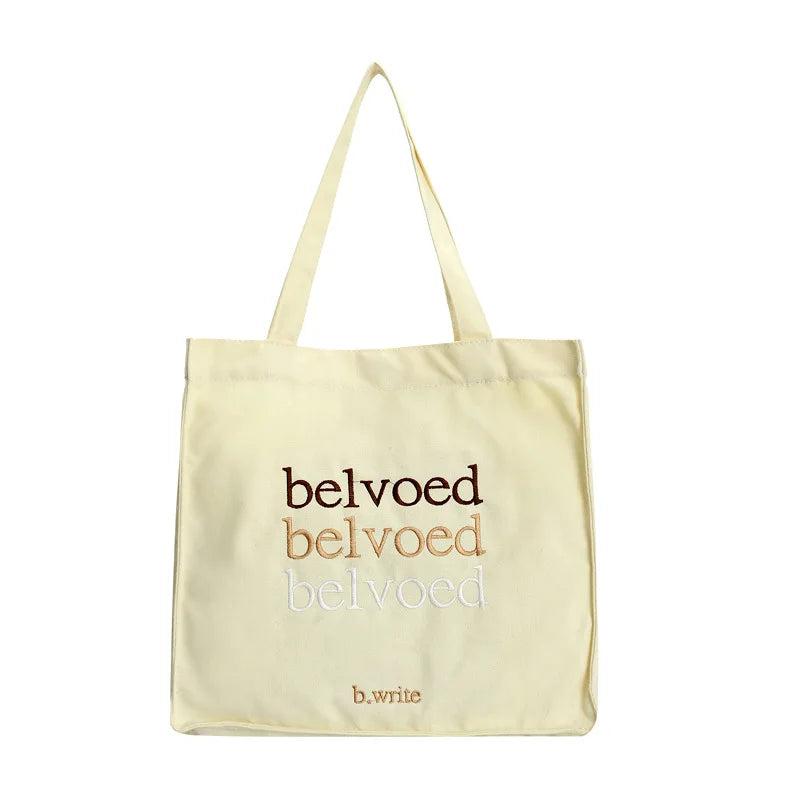 Women Canvas Shoulder Bag Beloved Embroidery Shopping Bags