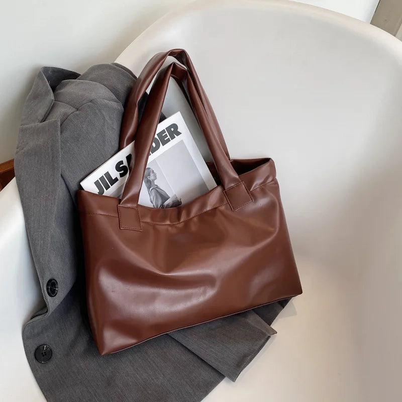 Solid Women Large Capacity PU Leather Handbag Totes