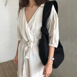Canvas Hobos Tie Cross-body Shopping Handbag Women Solid Large Capacity