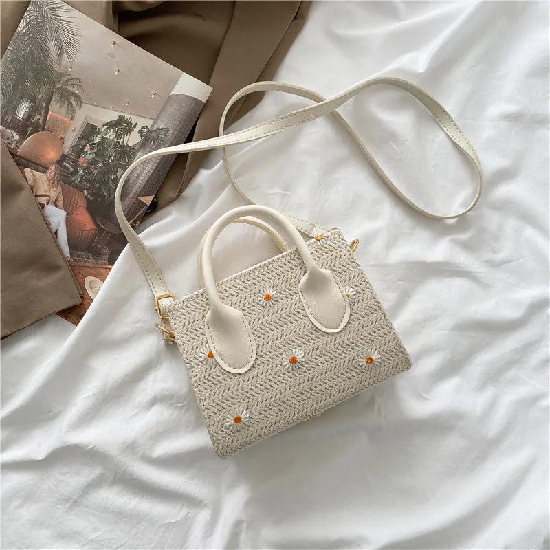 Women's Straw Woven Square Shoulder Bag Zipper Handbag
