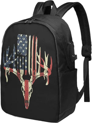 American Flag Deer Skull Backpack with USB Port