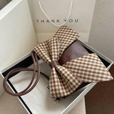 Women Shoulder Crossbody Handbag Bowknot Leather Plaid Zipper