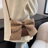 Women Shoulder Crossbody Handbag Bowknot Leather Plaid Zipper
