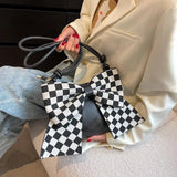 Women Shoulder Crossbody Handbag Bowknot Leather Plaid Zipper