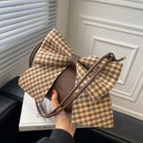 Women Shoulder Crossbody Handbag Bowknot Leather Plaid Zipper