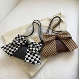 Women Shoulder Crossbody Handbag Bowknot Leather Plaid Zipper