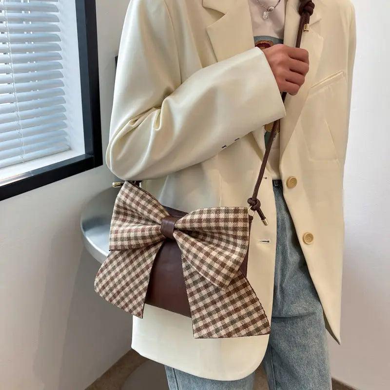 Women Shoulder Crossbody Handbag Bowknot Leather Plaid Zipper