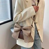 Women Shoulder Crossbody Handbag Bowknot Leather Plaid Zipper
