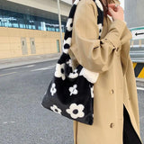 Plush Flower Shoulder Bag Women Handbag Soft Warm Girls Shopping Bag