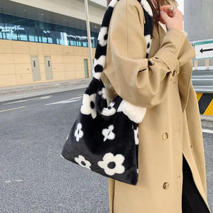 Plush Flower Shoulder Bag Women Handbag Soft Warm Girls Shopping Bag