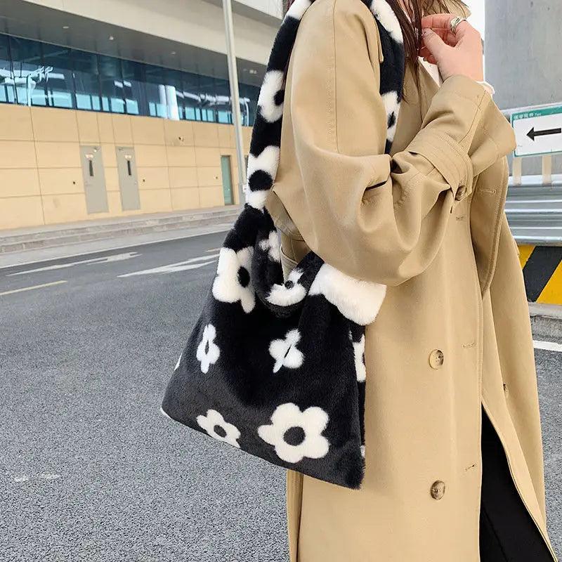 Plush Flower Shoulder Bag Women Handbag Soft Warm Girls Shopping Bag
