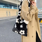 Plush Flower Shoulder Bag Women Handbag Soft Warm Girls Shopping Bag
