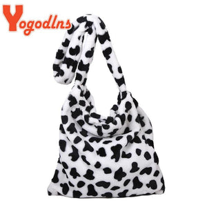 Cow Pattern Plush Shoulder Bag Women Crossbody Bag Soft Handbag