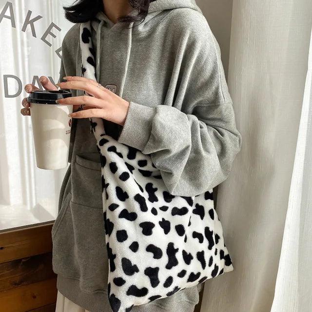 Cow Pattern Plush Shoulder Bag Women Crossbody Bag Soft Handbag