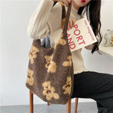 Women Shoulder Bag Fuzzy Fur Bear Handbag Tote School Girl Cotton Lady Shopper