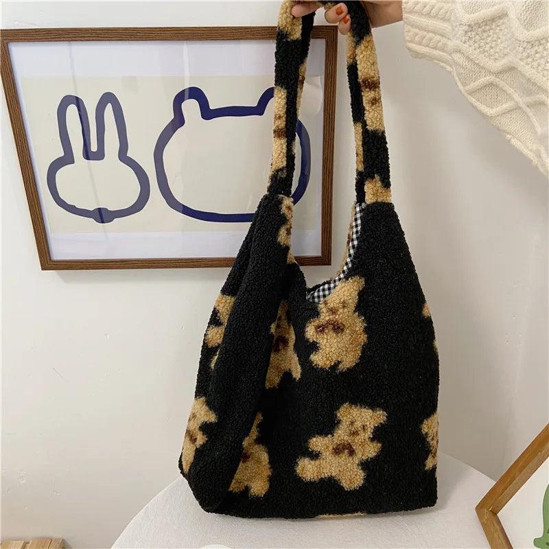 Women Shoulder Bag Fuzzy Fur Bear Handbag Tote School Girl Cotton Lady Shopper