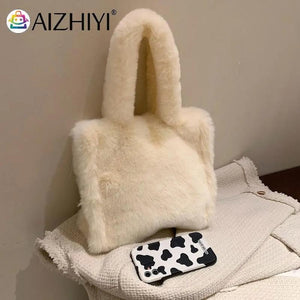 Women Plush Fur Solid Buckle Handbag Lady Winter Casual Mini Top-handle Bag