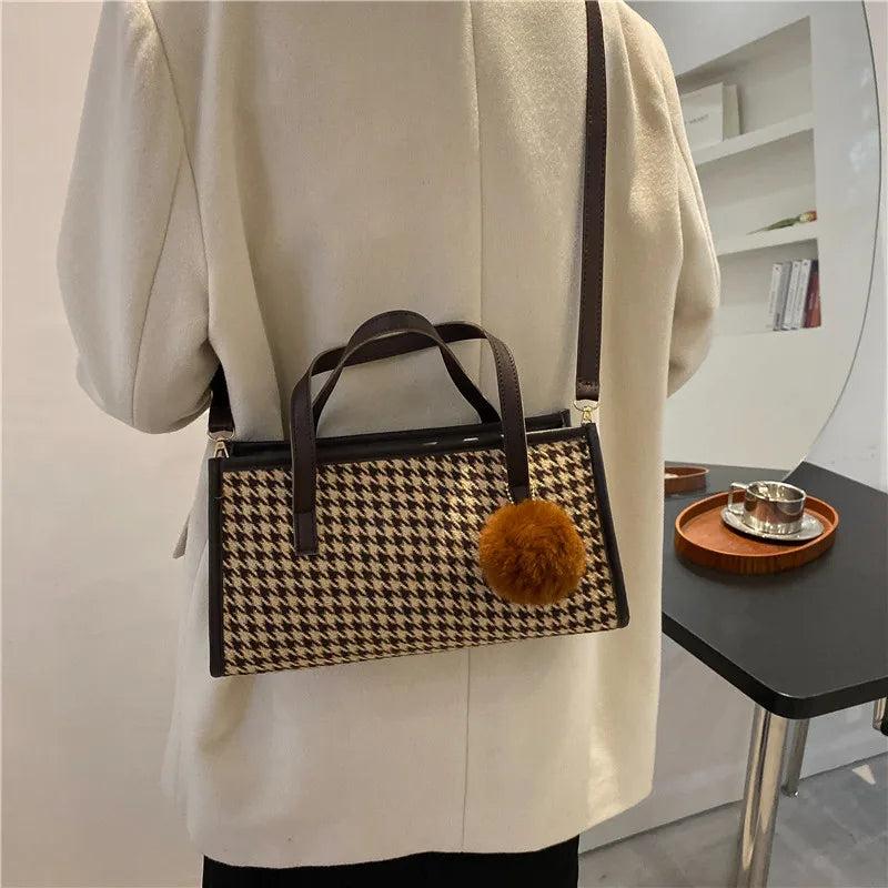 Vintage Plaid Women's Tote Bag Autumn Winter Female Crossbody Shoulder Handbag
