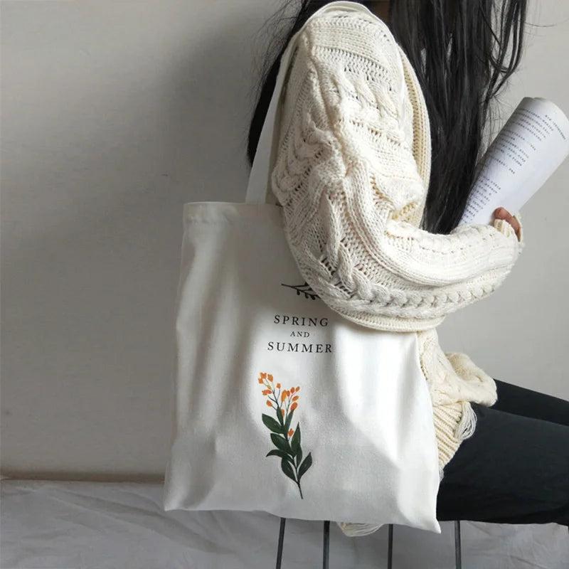 Women's Canvas Shoulder Bag Flowers Printing Shopping Eco Reusable Tote Handbag