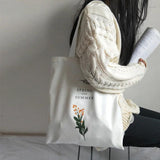 Women's Canvas Shoulder Bag Flowers Printing Shopping Eco Reusable Tote Handbag